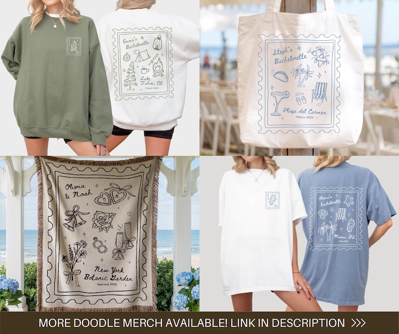 May include: Collection of merchandise featuring doodle designs. Includes a green sweatshirt, white sweatshirt, tote bag, throw blanket, white t-shirt, and blue t-shirt. Each item has a unique doodle design, with text that reads "Olivia & Noah" and "New York Botanic Garden".