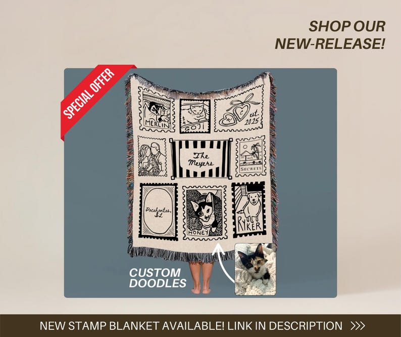 May include: A cream-colored woven blanket featuring custom doodle designs in a stamp-like format. The blanket includes various illustrations, text, and a photo of a cat. Text on the blanket includes "Merlin", "Goji", "The Meyers", "Pocahontas, IL", "Honey", "Ryker", and "est. 2025".