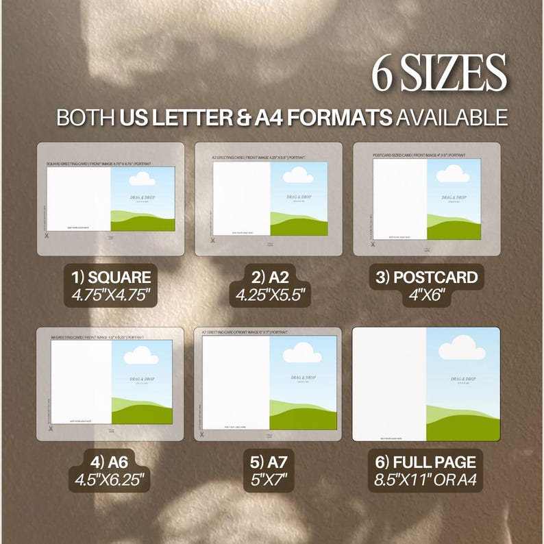Create custom greeting cards with this editable Canva template bundle. Includes 4.75” square, A2, 4x6”, A6, A7, and full-page card sizes, perfect for various occasions. Print easily at home on US Letter or A4 paper. Whether designing birthday, thank-you, or wedding cards, these versatile templates simplify the process. Ideal for small businesses, creatives, or anyone who loves DIY stationery. Fully customizable for personalized, professional-quality results.