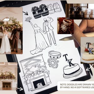 May include: Digital art featuring wedding-themed doodles, including a bride and groom, rings, a cake, and sneakers. The image also includes a photo of a wedding ceremony and a fireplace. The text reads: "NOTE: DOODLES ARE DRAWN 100% BY HAND. NO AI SOFTWARES USED."