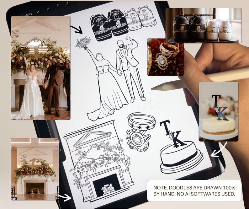 May include: Digital art featuring wedding-themed doodles, including a bride and groom, rings, a cake, and sneakers. The image also includes a photo of a wedding ceremony and a fireplace. The text reads: "NOTE: DOODLES ARE DRAWN 100% BY HAND. NO AI SOFTWARES USED."