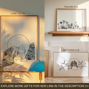 Puede incluir: Tres impresiones enmarcadas con ilustraciones en blanco y negro. La impresi&oacute;n superior presenta un dise&ntilde;o floral con el texto "PSALMS 23:6". La impresi&oacute;n del medio presenta una mujer con el texto "LUKE 7:47, 50". La impresi&oacute;n inferior presenta dos p&aacute;jaros en una rama con el texto "MATTHEW 4:19".