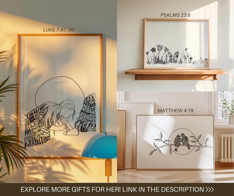 Puede incluir: Tres impresiones enmarcadas con ilustraciones en blanco y negro. La impresi&oacute;n superior presenta un dise&ntilde;o floral con el texto "PSALMS 23:6". La impresi&oacute;n del medio presenta una mujer con el texto "LUKE 7:47, 50". La impresi&oacute;n inferior presenta dos p&aacute;jaros en una rama con el texto "MATTHEW 4:19".
