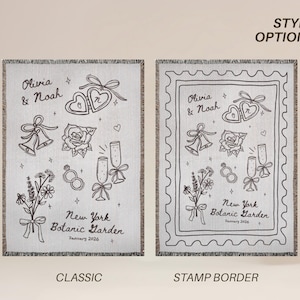 May include: Two woven blankets with black and white illustrations. The left blanket has a classic design, while the right has a stamp border. Both feature wedding-themed drawings, including hearts, bells, roses, champagne glasses, and the text "Olivia & Noah" and "New York Botanic Garden January 2026."