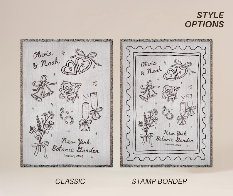 May include: Two woven blankets with black and white illustrations. The left blanket has a classic design, while the right has a stamp border. Both feature wedding-themed drawings, including hearts, bells, roses, champagne glasses, and the text "Olivia & Noah" and "New York Botanic Garden January 2026."