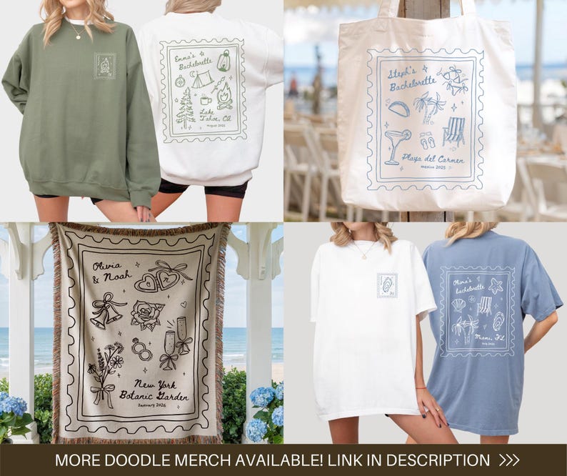K&ouml;nnte beinhalten: Eine Kollektion von Merchandise-Artikeln mit Kritzeldesigns. Enth&auml;lt ein gr&uuml;nes Sweatshirt, ein wei&szlig;es Sweatshirt, eine Tragetasche, eine Decke, ein wei&szlig;es T-Shirt und ein blaues T-Shirt. Jeder Artikel hat ein einzigartiges Kritzeldesign mit dem Text "Olivia & Noah" und "New York Botanic Garden".