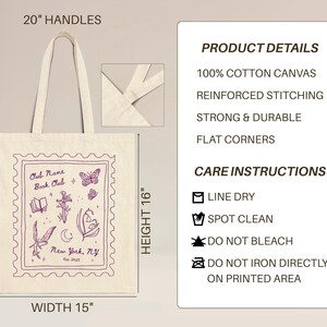 May include: Cream-colored tote bag with a purple stamp-like design featuring a book, butterfly, and floral elements. The bag has 20-inch handles, is 15 inches wide, and 16 inches high. Text on the bag reads "Club Name Book Club New York, NY Est. 2025".