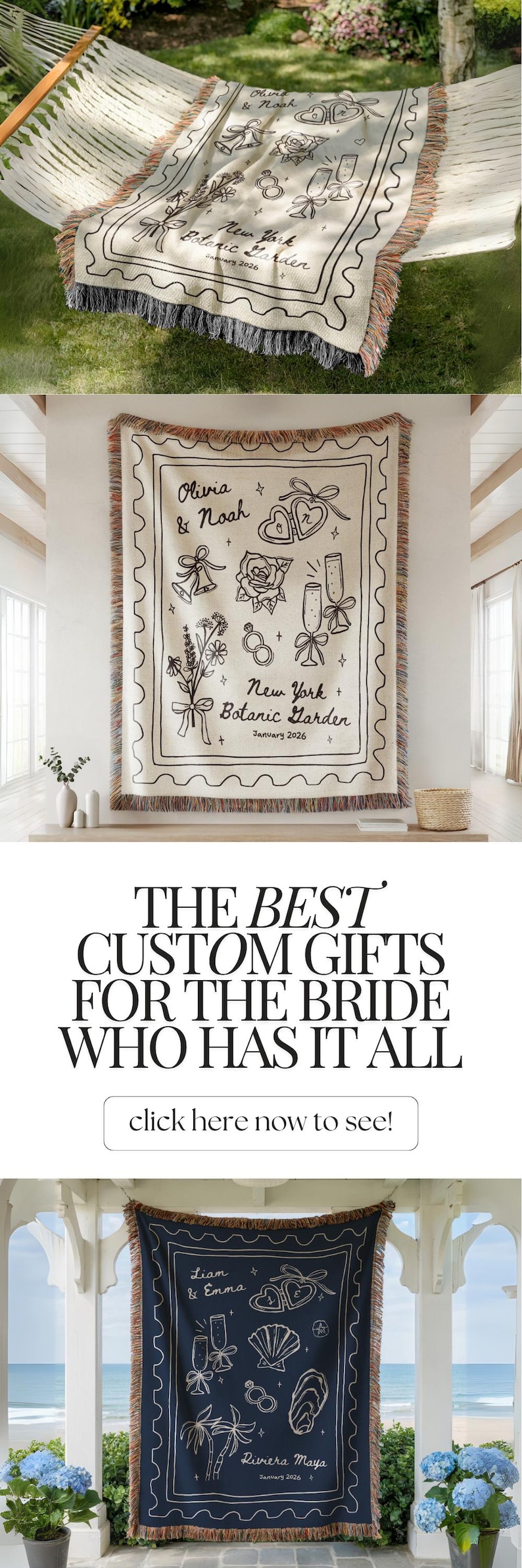 May include: Cream-colored woven throw blanket with a black border and fringe. The blanket features a design with the names "Olivia & Noah", floral elements, and the text "New York Botanic Garden January 2026".