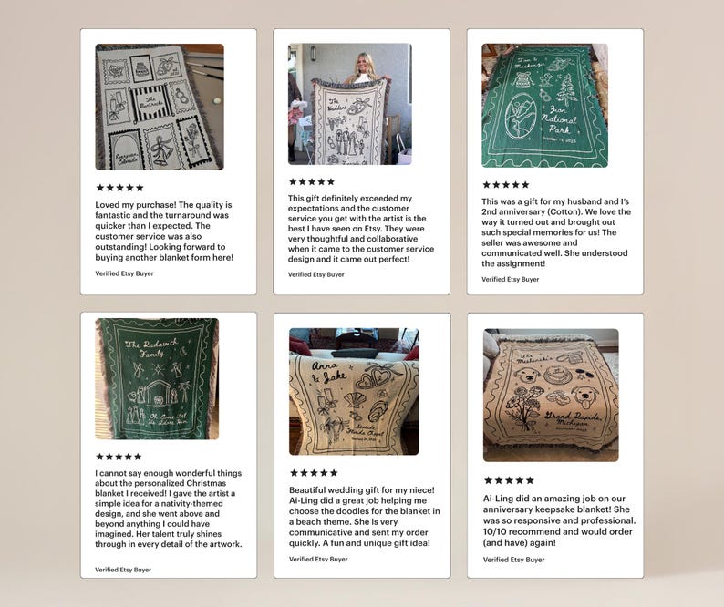 May include: A collection of personalized blankets with various designs, including a nativity scene, a beach theme, and a national park theme. Each blanket features custom illustrations and text, with customer reviews displayed below.