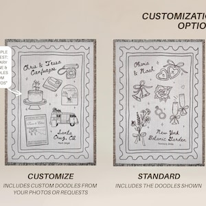 May include: Two personalized woven blankets with black line art designs. One features custom doodles, the other a standard design. The blankets have a cream background and a decorative border. Text includes names, dates, and locations.