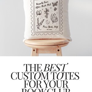 May include: Cream-colored tote bags with unique designs. One features text "Among the trees, We promise" and "Vancouver Island, BC, June 2026". Another says "Happily Ever After Book Club, New York, NY, Est. 2025". The third says "Olivia's bachelorette, Miami, FL, July 2025".