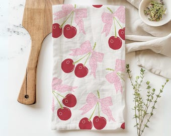 Cherry Coquette Bow Tea Towel Christian Hostess Gift Cute Dish Towel for Home Cook Kitchen Decor Housewarming Gift for Daughter or Friend