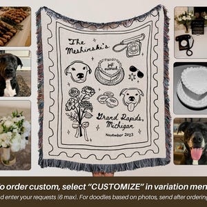 May include: Cream-colored woven blanket with a black illustrated design featuring a telephone, cake, dog portraits, and flowers. Text includes "The Meshinski's", "Grand Rapids, Michigan, November 2023", and "just married". The blanket has a fringed edge.