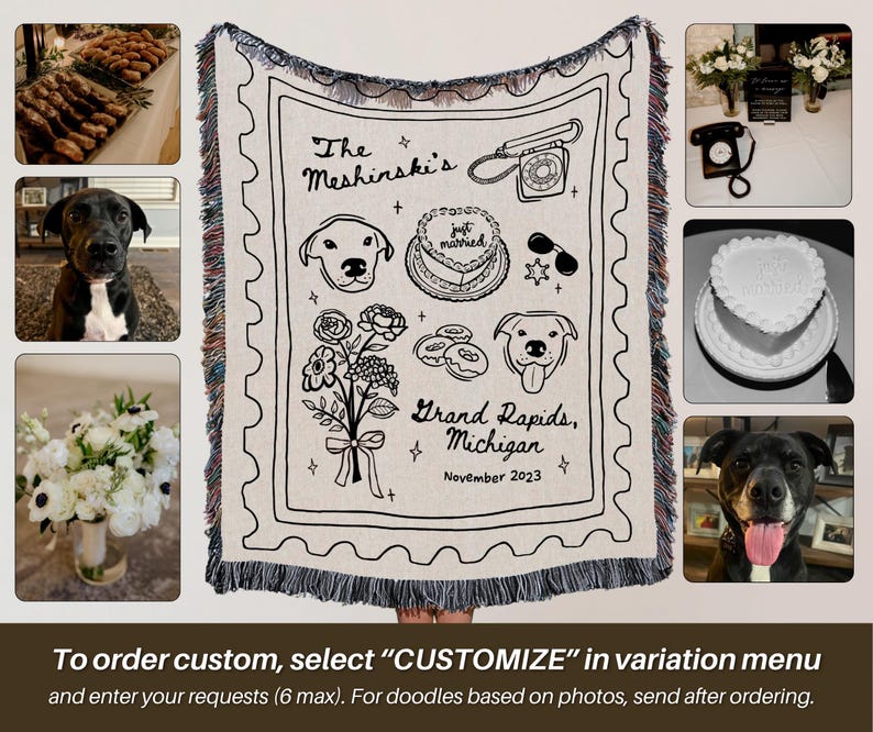 May include: Cream-colored woven blanket with a black illustrated design featuring a telephone, cake, dog portraits, and flowers. Text includes "The Meshinski's", "Grand Rapids, Michigan, November 2023", and "just married". The blanket has a fringed edge.