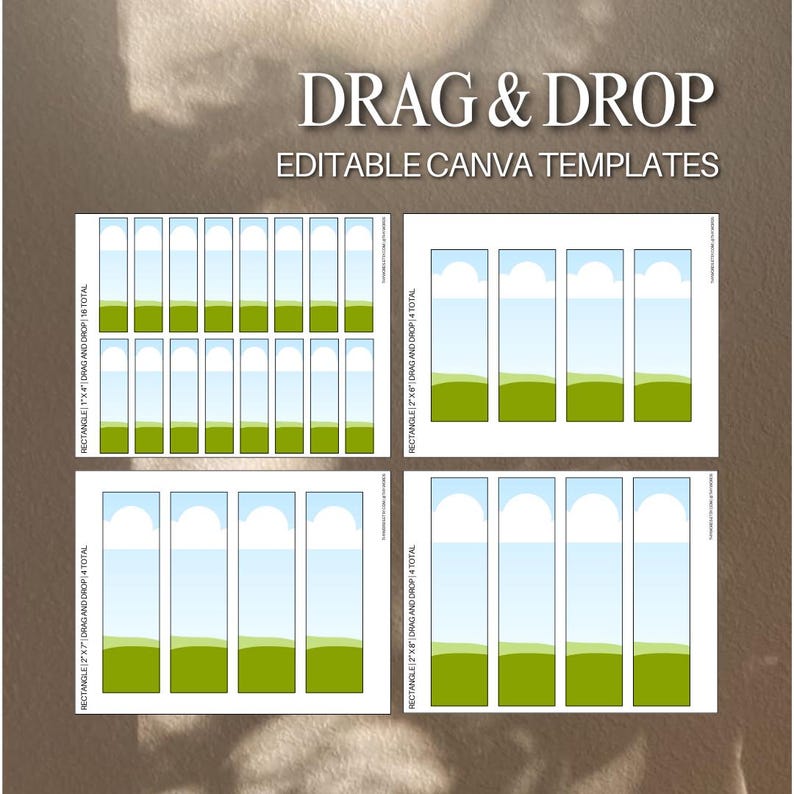 K&ouml;nnte beinhalten: Vier druckbare Canva-Vorlagen f&uuml;r Drag-and-Drop-Aktivit&auml;ten. Jede Vorlage zeigt ein Rechteck in unterschiedlicher Gr&ouml;&szlig;e mit einem gr&uuml;nen und blauen Farbschema. Der Text "DRAG & DROP" und "EDITABLE CANVA TEMPLATES" befindet sich oben im Bild.