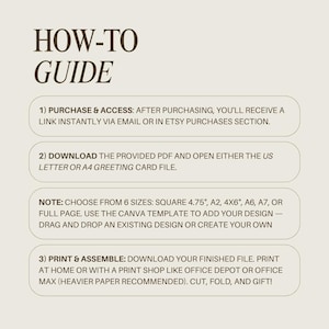 May include: A how-to guide for creating printable greeting cards. The guide includes instructions for purchasing, downloading, printing, and assembling the cards. It also mentions using Canva to customize the design.