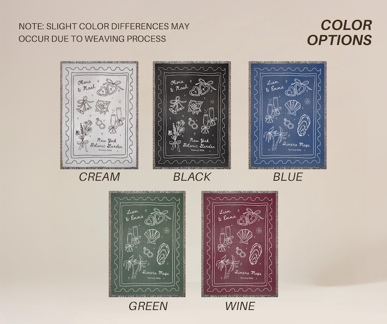 May include: Five rectangular throw blankets in cream, black, blue, green, and wine colors. Each blanket features a white sketched design with text, including names and "New York Botanic Garden" or "Rimers Maps". The blankets are displayed with the color options labeled.