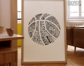May include: A black and white printable art print of a basketball made of words. The words are all related to basketball and include words like "game", "team", "score", and "win".