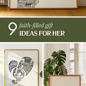 Puede incluir: Nueve ideas de regalos llenos de fe para ella. La imagen muestra tres impresiones enmarcadas con tipograf&iacute;a en blanco y negro. La primera impresi&oacute;n presenta una silueta de una persona con las palabras "Conf&iacute;a en el Se&ntilde;or con todo tu coraz&oacute;n y no te apoyes en tu propio entendimiento, sino recon&oacute;celo en todos tus caminos." La segunda impresi&oacute;n presenta una forma de coraz&oacute;n con una nota musical en su interior y las palabras "&Eacute;l es mi pastor, nada me faltar&aacute;." La tercera impresi&oacute;n presenta las palabras "El Se&ntilde;or es mi pastor, nada me faltar&aacute;." El texto "Salmo 23:1" tambi&eacute;n est&aacute; incluido.