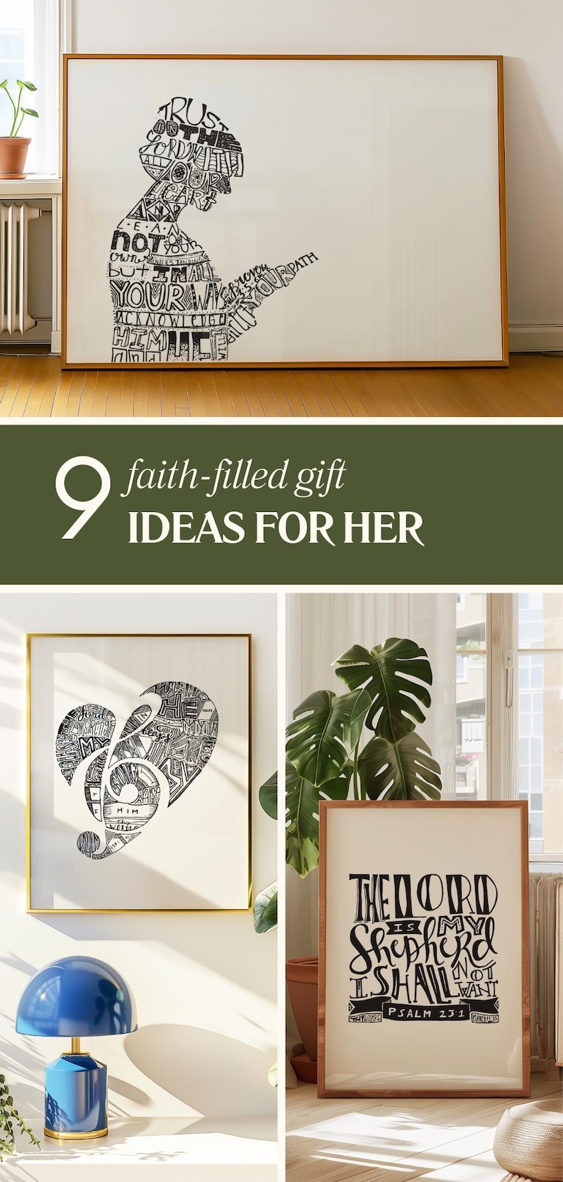 Puede incluir: Nueve ideas de regalos llenos de fe para ella. La imagen muestra tres impresiones enmarcadas con tipograf&iacute;a en blanco y negro. La primera impresi&oacute;n presenta una silueta de una persona con las palabras "Conf&iacute;a en el Se&ntilde;or con todo tu coraz&oacute;n y no te apoyes en tu propio entendimiento, sino recon&oacute;celo en todos tus caminos." La segunda impresi&oacute;n presenta una forma de coraz&oacute;n con una nota musical en su interior y las palabras "&Eacute;l es mi pastor, nada me faltar&aacute;." La tercera impresi&oacute;n presenta las palabras "El Se&ntilde;or es mi pastor, nada me faltar&aacute;." El texto "Salmo 23:1" tambi&eacute;n est&aacute; incluido.