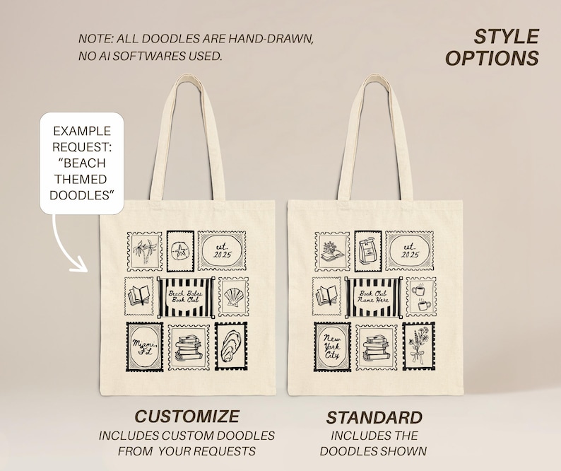 K&ouml;nnte beinhalten: Zwei Tragetaschen aus Canvas mit schwarz-wei&szlig;en Kritzeldesigns. Eine Tasche ist mit gew&uuml;nschten Kritzeleien anpassbar, die andere hat Standarddesigns. Die Kritzeleien umfassen Strandmotive, B&uuml;cher und Text. Der Text enth&auml;lt "Book Club", "New York City" und "est. 2025".