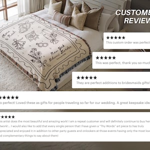 May include: A cream-colored throw blanket with a black line drawing design featuring floral and wedding-themed illustrations. The blanket has a fringed edge and text that reads "Olivia & Noah" and "New York Botanic Garden, January 2026."