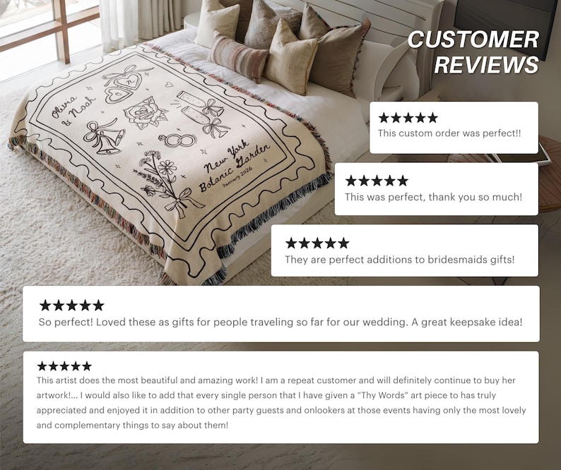 May include: A cream-colored throw blanket with a black line drawing design featuring floral and wedding-themed illustrations. The blanket has a fringed edge and text that reads "Olivia & Noah" and "New York Botanic Garden, January 2026."