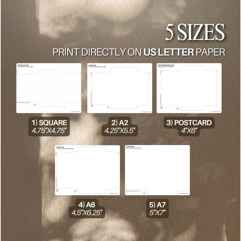 Może przedstawiać: Obraz przedstawia pięć rozmiar&oacute;w szablon&oacute;w papieru: kwadratowy (12,07 cm x 12,07 cm), A2 (10,8 cm x 14 cm), poczt&oacute;wka (10,16 cm x 15,24 cm), A6 (11,43 cm x 15,88 cm) i A7 (12,7 cm x 17,78 cm). Tekst brzmi: &bdquo;DRUKUJ BEZPOŚREDNIO NA PAPIERZE US LETTER&rdquo;.