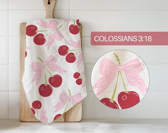 Christian Tea Towel Gift for Mom or Sister Cute Pink Bow Dish Towel for Home Cook Kitchen Decor Faith Based Hostess or Sunday School Teacher