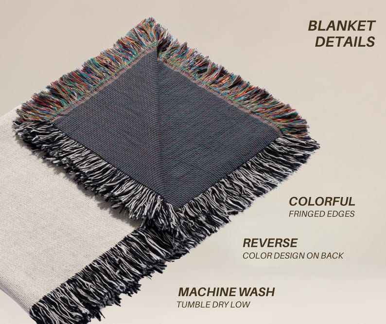 May include: Close-up of a woven blanket with a gray reverse side and fringed edges. The edges feature a colorful fringe, while the front is a light gray. The blanket has the text "BLANKET DETAILS", "COLORFUL FRINGED EDGES", "REVERSE COLOR DESIGN ON BACK", and "MACHINE WASH TUMBLE DRY LOW".