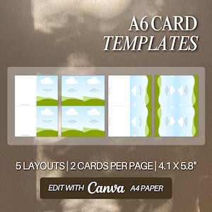 Puede incluir: Plantillas de tarjetas A6 con cinco diseños, dos tarjetas por página y dimensiones de 10,4 x 14,7 cm. El diseño presenta un cielo azul, nubes blancas y colinas verdes. También se incluye el texto "EDIT WITH Canva A4 PAPER".