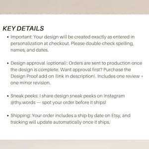 May include: A white card with the text "KEY DETAILS" at the top. Bullet points detail design creation, approval options, Instagram sneak peeks, and shipping information. The text is in black font.