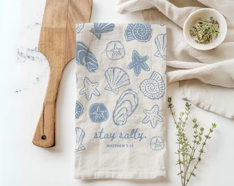 Coastal Tea Towel Christian Beach House Gift Kitchen Decor Nautical Cotton Dish Towel Faith Based Housewarming Gift Seashell Themed Doodles