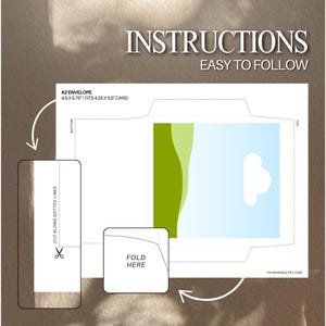 Może przedstawiać: Biały szablon koperty z instrukcjami. Tekst "INSTRUCTIONS EASY TO FOLLOW" znajduje się na g&oacute;rze. Szablon zawiera przerywane linie do cięcia i składania, o wymiarach 11,4 x 14,6 cm, pasujący do karty 10,8 x 14 cm.