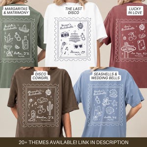 May include: A collection of t-shirts with various themed designs for bachelorette parties. Each shirt features a unique graphic within a framed border, including text and illustrations related to the theme. Themes include "Margaritas & Matrimony" and "The Last Disco".