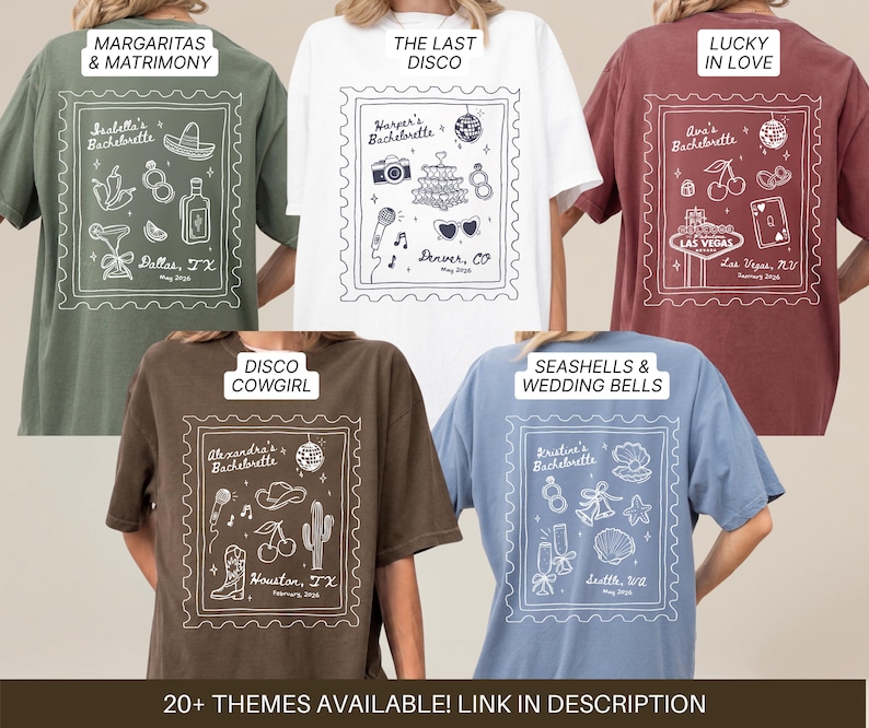 May include: A collection of t-shirts with various themed designs for bachelorette parties. Each shirt features a unique graphic within a framed border, including text and illustrations related to the theme. Themes include "Margaritas & Matrimony" and "The Last Disco".