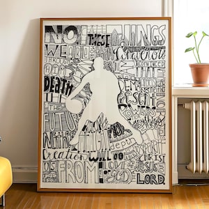 May include: Black and white illustration of a basketball player with words surrounding the figure. The words include "No", "These", "Things", "We", "Are", "Through", "Him", "Death", "The", "Future", "Neither", "Creation", "Us", "From", "Will", "Be", "Able", "To", "Separate", "Love", "Jesus", "Lord", "Conquerous", "I", "That", "Demons", "Present", "Powers", "Anything", "Depth".