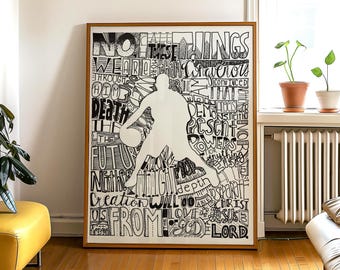 May include: Black and white illustration of a basketball player with words surrounding the figure. The words include "No", "These", "Things", "We", "Are", "Through", "Him", "Death", "The", "Future", "Neither", "Creation", "Us", "From", "Will", "Be", "Able", "To", "Separate", "Love", "Jesus", "Lord", "Conquerous", "I", "That", "Demons", "Present", "Powers", "Anything", "Depth".