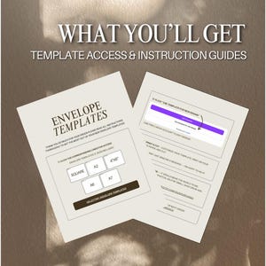 Może przedstawiać: Dwa beżowe dokumenty papierowe z tekstem, w tym "Envelope Templates" i "What You'll Get". Jeden dokument pokazuje opcje rozmiar&oacute;w, takie jak "Square", "A2" i "4"x6". Drugi dokument zawiera instrukcje użytkowania.