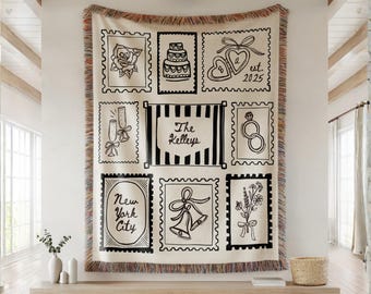 Custom Wedding Blanket Bride and Groom Gift Newlywed Personalized Keepsake Engagement Gift Second Anniversary Cotton Whimsical Woven Throw