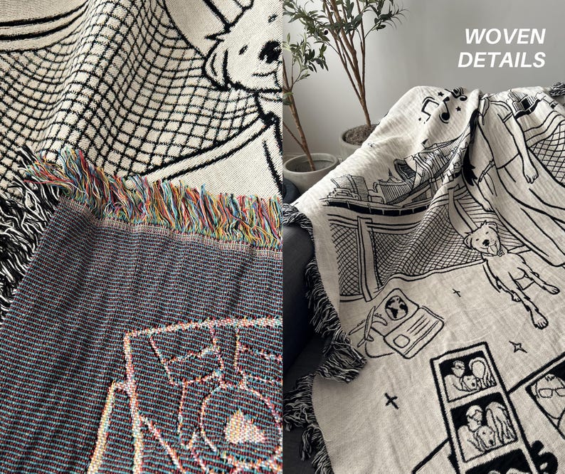 May include: Woven throw blanket with black and white illustrations of dogs, buildings, and other graphics. The blanket has a fringed edge with colorful threads. The words "WOVEN DETAILS" are visible in the upper right corner.