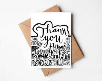 Thank You Greeting Card, Hand Lettered Greeting Card, Thanks Card, Black and White Thank You Card, Blank Inside, Typography, Christian Card