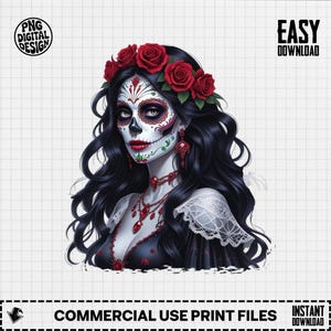 Sugar Skull PNG, Catrina Art Digital Download, Day of the Dead Image, Easy to Download, Printable Art, Dia de los Muertos, Roses