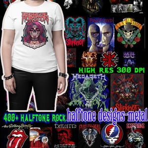 450+ T-Shirt Designs Bundle, Rock Bands  Pack, Halftone , , Heavy Metal, dtf -.for black shirts