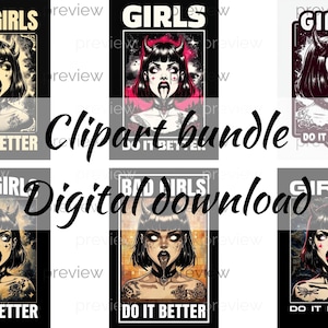Diseños gráficos atrevidos y vanguardistas de BAD GIRLS: empoderamiento de personajes femeninos para camisetas de sublimación de descarga instantánea.