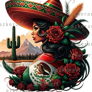 Dame mexicaine png clipart, femme latina - chapeau sombrero png Fille mexicaine roses drapeau du Mexique La Mexicana art impression numérique sublimation