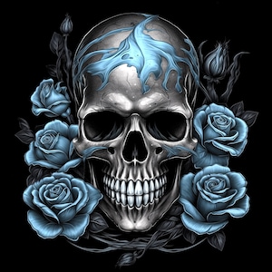 blauwe schedel halftoonkunst met mystieke rozen, gesublimeerde shirtontwerpen, schedel halftoonontwerp voor DTF-zwarte shirts