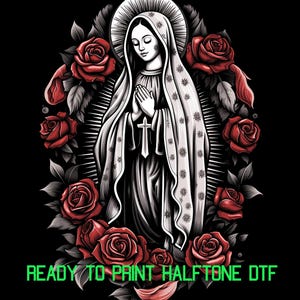Onze-Lieve-Vrouw van Guadalupe halftoondownload Virgen de Guadalupe dtf-ontwerp Bloemen Maagd van Mexico digitale download (alleen voor zwarte kleding)