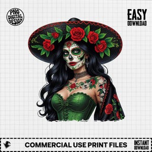 Digital Sugar Skull Art, Catrina Art, Day of the Dead Printable, Easy Download PNG Files, Mexican Art, Floral Skull Image