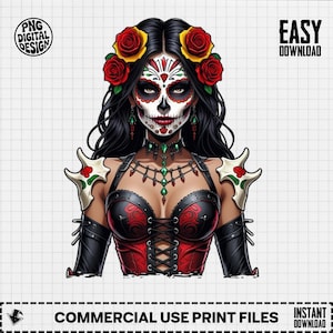 Digital Sugar Skull Catrina Art, Day of the Dead Woman PNG, Dia de los Muertos, Easy to Download, Gothic Roses, Wall Art Print